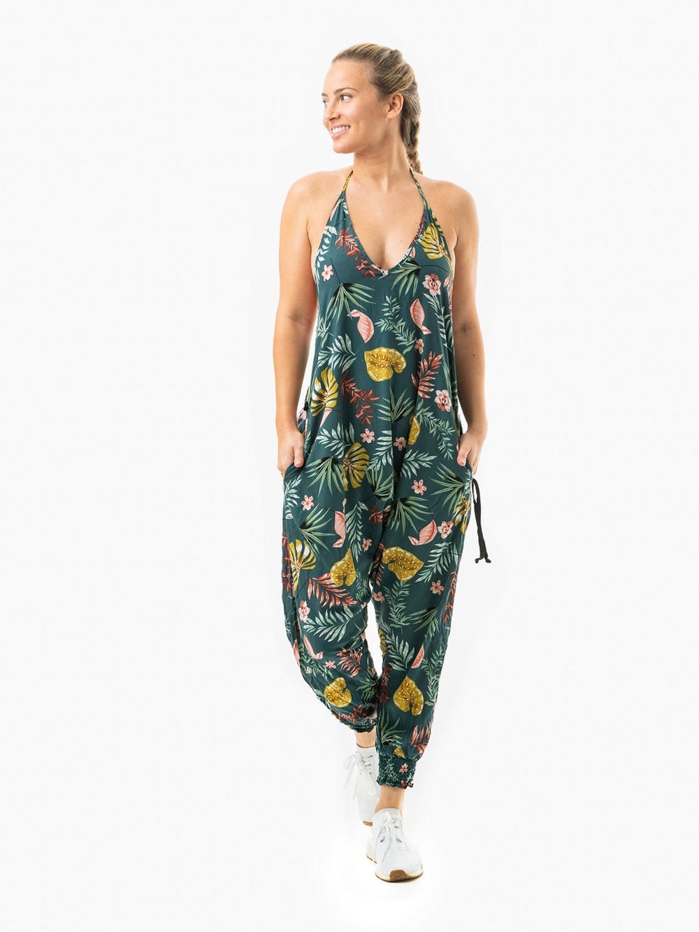 Tropical Print Green Halter Jumpsuit